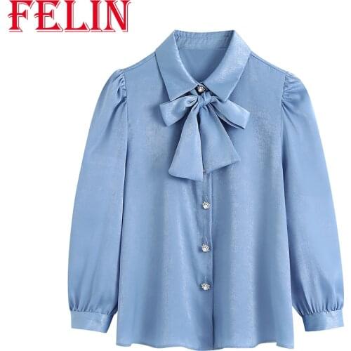 Za 2021 Women Chic Blue Office Lady Blouses Bow Tie Pearl Button Women Shirts Elegant Stylish Mujer Tops