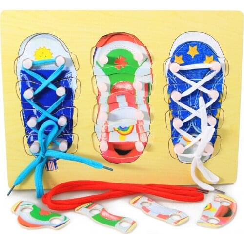 Wooden Puzzles Board Lacing Shoelace Cute Learn Tie Shoe Lace Toy Teaching Toy Early Education Montessori Toy Practical Ability