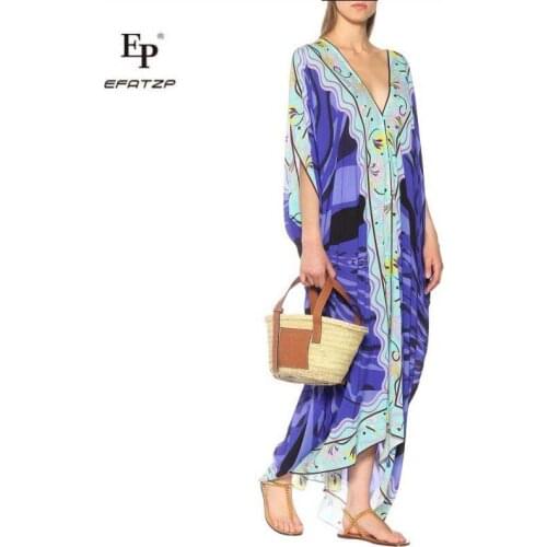 [EFATZP] New Fashion Womens Plus Fat Plus Loose Kaftan Style, Elastic Knitting Beautiful Blue Printing V-Neck Long Dress