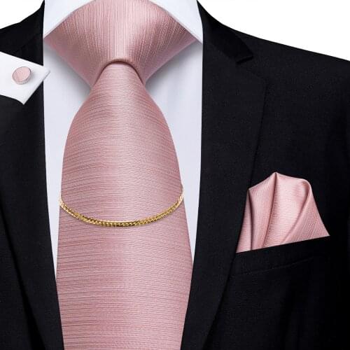 Hi-Tie Mens Ties Pink Luxury Handkerchief Cufflinks Set 100% Silk Fashion With Accessories Chain Ties for Men Classic Business