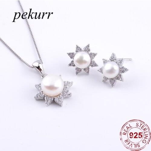 Pekurr 925 Sterling Silver Zircon Star Freshwater Natural Pearl Earrings Necklace Sets For Women Sunflower Pendants Jewelry