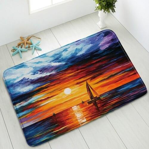 Oil Painting Scenery Non-Slip Bath Mat Ocean Boat Color Leaves Street Bathroom Floor Mats Indoor Doormat Rug Absorbent Carpet