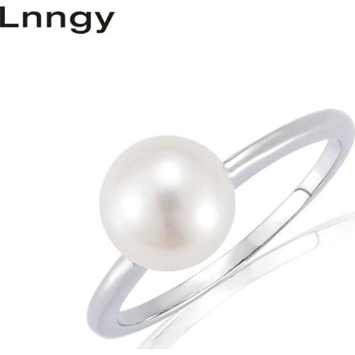 Lnngy Trendy 925 Sterling Silver Engagement Ring Natural Fresh Water Pearl Round Pearl Anniversary Wedding Jewelry Lady Rings