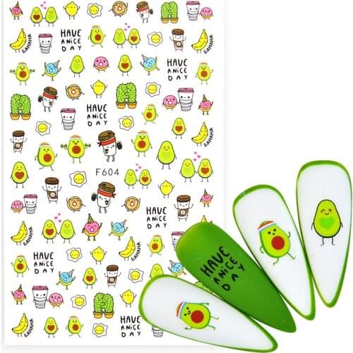 1 Sheet Banana Avocado Fruits 3D Sticker For Nail Art Cartoon Cactus Character Adheisve Slider UV Gel Manicure Tips Decoration