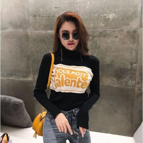Sexy Women Knitted Sweater Fashion Clothing Letter Patchwork Turtle Neck Pullovers Stretch Jumper