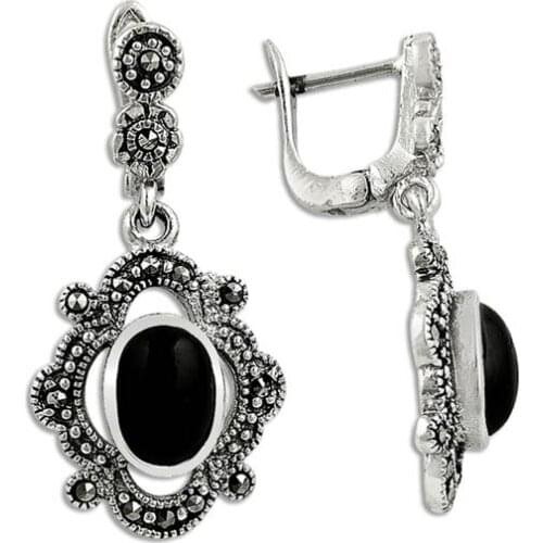Silver 925 Sterling Onyx & Marcasite Earrings