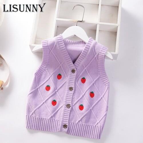 Girls Sweater Vest Autumn 2021 New Baby V-neck Embroidered Strawberry Kids Vest Knit Toddler Cardigan Children Knitted Coat 2-7y