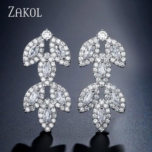 ZAKOL Trendy High Quality Zirconia Leaves Simple Bridal Jewelry Earrings for Women Wedding Dinner Anniversary Gifts FSEP2345