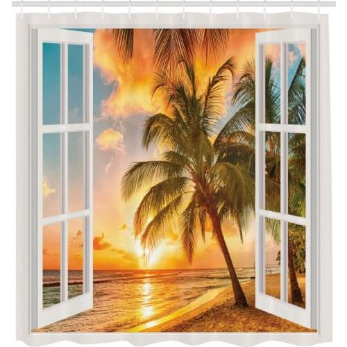Beach Shower Curtain Sea Ocean Palm Trees Landscape Print for Bathroom Shower Curtain Creative Durable Fabric Accessories with 1