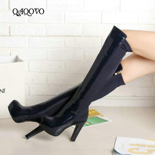 Women Fashion Knee High Boots Patent Leather Square High Heels Platform Zipper Boots Autumn Winter Woman Shoes Big Size 34-43