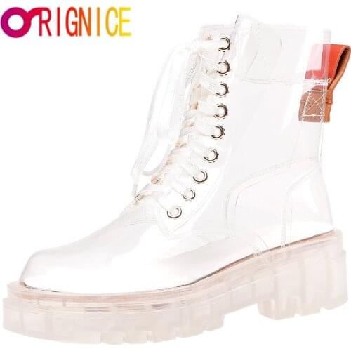 Orignice Women Transparent Rain Ankle Boots Outdoor Rubber Waterproof PVC Lace Up Round Toe Platform High Heels Wild Footwear