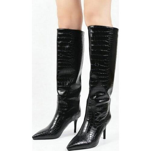 2020 Brand Design Women Knee Hight Boots Fashion Thin High Heel Ladies Boots Slip on Pointed Toe Women Winter Boots Big Size 43