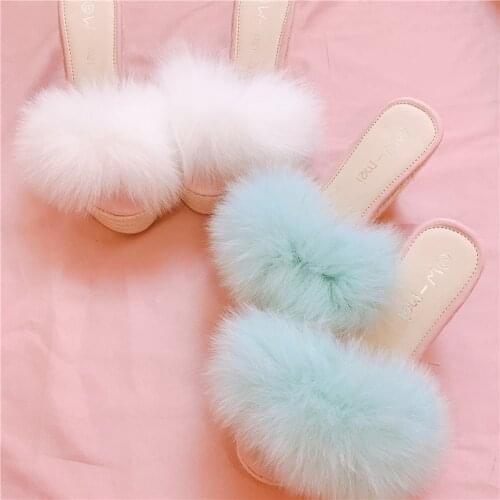 Womens Real Fox Fur Slipper Platform Muffin High Wedge Heel Shoes Slides Slingback Flip Flops Rhinestones New DIY 2021