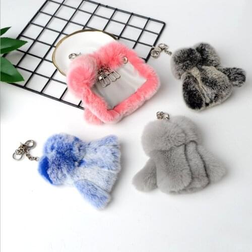 Women Portable Real Rex Rabbit Fur Key Holder Bag Case Wallet Housekeeper Holder Car Keychain Solid Storage Bag