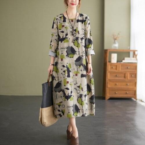 Ladies Cotton Linen A-line Long Dress New Arrival 2021 Autumn Vintage Style O-neck Print Loose Women Casual Dresses B946
