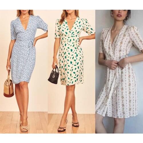 2021 Spring Summer 100% Viscose Women Mini Dress Wrap Robes Short Sleeve V-neck Floral Print Ladies Dresses