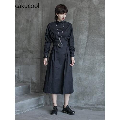Cakucool Spring and Autumn Dark Wind Small Stand Collar Slim Fashion Neutral Temperament Strap Long Sleeve Dress Female