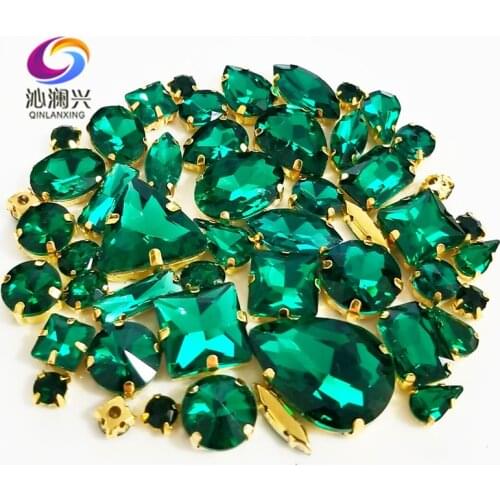 58pcs Gold base malachite green mix shape top crystal glass sew on stones,Super flash claw rhinestone diy/Clothing accessories