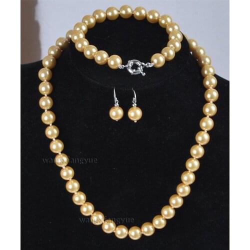 AAA 10mm Golden South Sea Shell Pearl Necklace bracelet Earrings Set AAA Grade