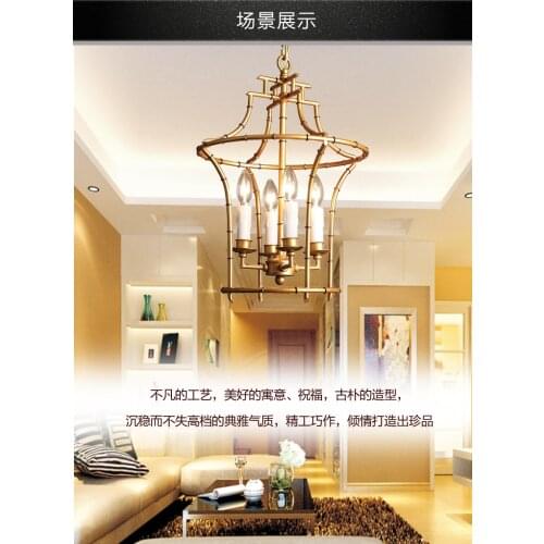 American living room bedroom dining hall hallway aisle retro copper wrought iron personality bamboo festive lantern chandelier