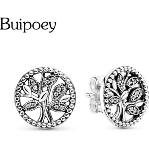 Buipoey Hot Silver Color Earrings Women Hollow Out Tree of Life Pattern Round Earring Jewelry Fashion Studs Fit Men Girls Boys