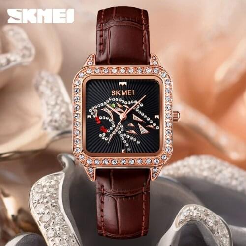 SKMEI 1768 Womens Watches Leather Strap Watch Womens Quartz Clock Zegarek Damski Vintage Luxury Diamond Ladies Wristwatch