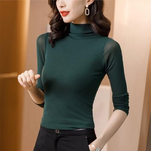 Autumn Womens Clothing Office Lady Mesh T Shirt Sexy Feminine T-shirt Bottoming Shirt Female Fashion T-shirt Plus Size XXXL