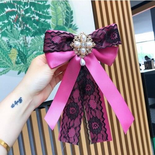 Bow Tie Collar Flower Brooch Fashion Jewelry Womens Handmade Korean Lace Big Bowknot Rhinestone Pearl Ribbon Pins Bowtie