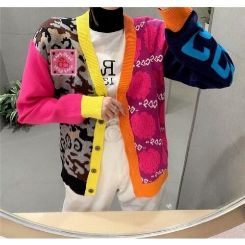 2021 Autumn Winter New V-Neck Thin Knitted Cardigan High-End Fashion Leopard Pattern Stitching Contrast Temperament Sweater