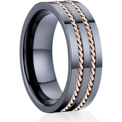 Alliance 8mm Mens Ring Glossy black ceramic wedding rings jewelry 14k rose gold couple rings for men and women No fade