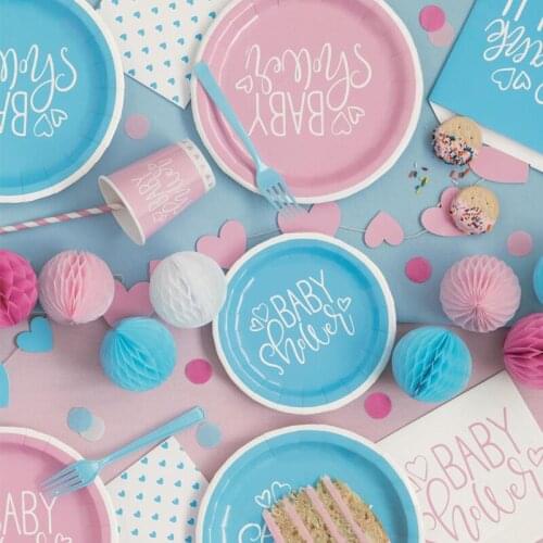 Baby Shower Birthday Party Decoration Supplies Disposable Tableware Suit Gender Reveal Baby Boy Girl Paper Plate Cup Flag KSH21