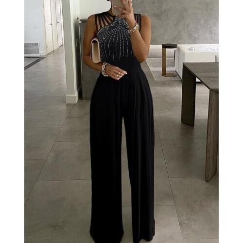 2021 New Summer Party Wear Clothes Womens Sexy Studded Cutout Ruched Wide Leg Jumpsuit Casual Sleeveless Long Pants