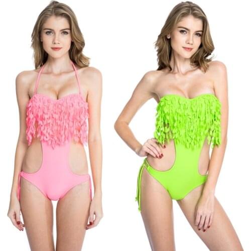 Colloyes Sexy Women One Piece Swimsuit Push Up Bathing Suit Bandeau Top Monokini Leaves Fringe Padded Swimwear Pink & Neon Green
