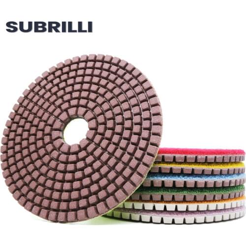 SUBRILLI 4 Inch Diamond Polishing Pad For Granite Marble Stone Polisher Set Metal Bond 7pcs Polish Kit Concrete Sanding Discs