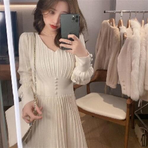 Knitted Dress Women Casual Long Sleeve Vintage Elegant OL Sweater Dress Female Spring Dress Korean Fashion Vestidos