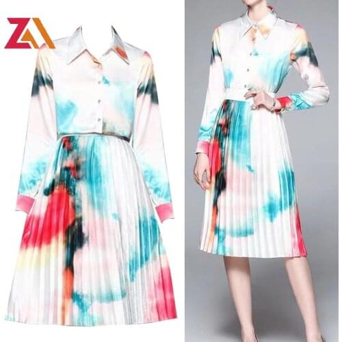 ZALady Designer Two Piece Set Women Skirt Autumn Aesthetic Long Sleeve Shirt Blouses Tops And Midi Pleated Skirts 2piece Clothes