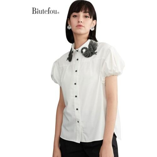 【Biutefou】Original Design 2021 Summer Women Embroidery Swan Short Sleeve Shirt