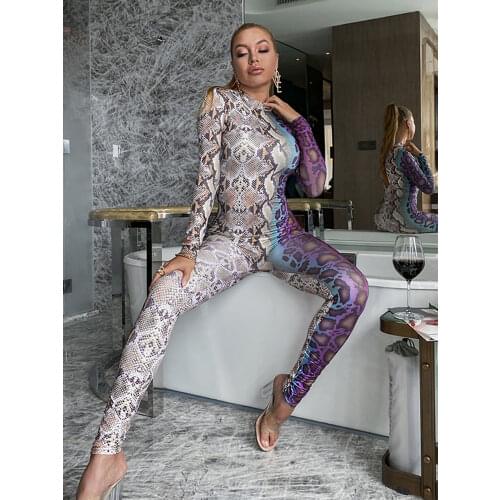 Glamaker Snake print sexy party club long jumpsuits&rompers Autumn winter fitness elastic backless jumpsuits sportswear playsuit