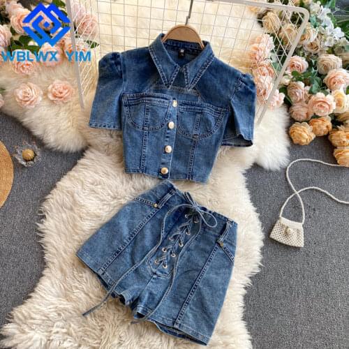 Fashion Denim 2 piece set Women Short Sleeve Short Denim Jacket And High Waist Wide Leg Jeans Shorts Summer Two piece set Womens