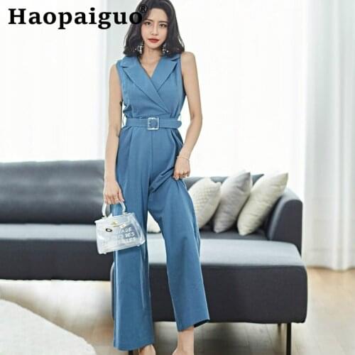 Plus Size Solid Sleeveless Jumpsuit Female Casual Office Work Wear Turn-down Collar Hot Rompers Womens Jumpsuit with Sashes