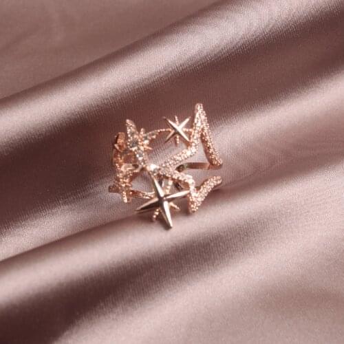 Korean new design fashion jewelry copper inlaid zircon light luxury opening hollow five-pointed star female party star prom ring