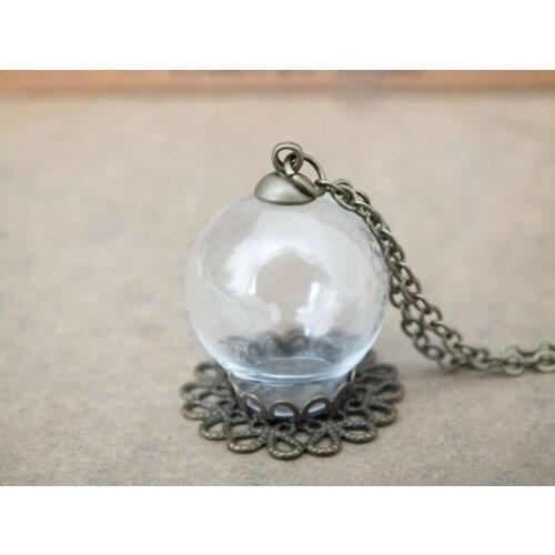 Free ship!!20x12mm Handmade glass globe ball with bronze flower shaps base,art jewelry pendant,with chain
