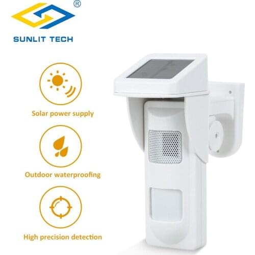 Wireless Outdoor Solar Siren Sensor Alarm PIR Motion Sensor Pet Immunity IP-65 Waterproof Detector with 2pcs Remote Keyfobs