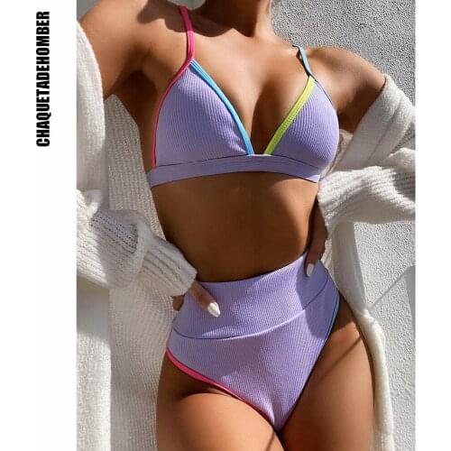 High Waist Bikini 2021 Women Color Edge Swimsuit Summer Pure Color Swimwear Two-pieces Bikini set Ribbed Bather Bathing Suit