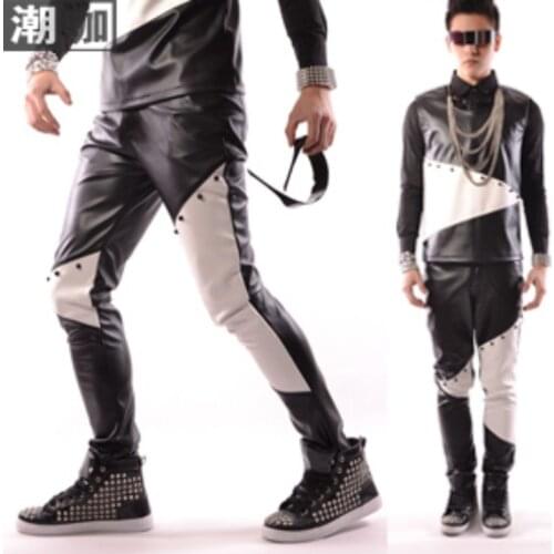 Plus Size Fashion Men Pants Costume Black White Pu Patchwork Rivet Trousers Casual Leather Pants Mens Clothing