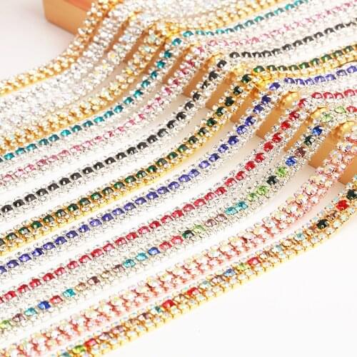 3rows 1Yard Sliver Claw Crystal AB Sew On Rhinestone Cup Chain Colorful Glass Strass Rhinestone Chain For Garments Decoration