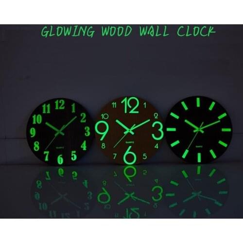 Wood Dark Glowing Clock Wall Non-Ticking Modern Design Brief Reloj De Pa with Night Lights For Indoor/Outdoor Balcon Living Room