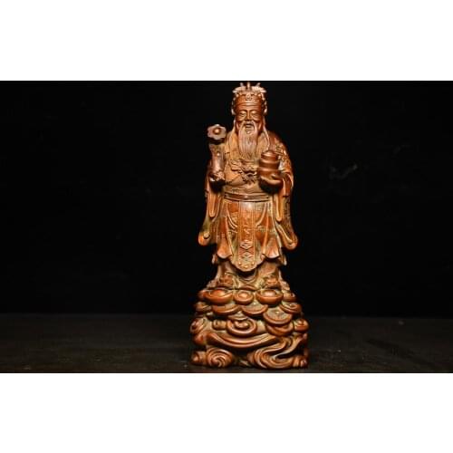 Home Decor 8" Old Boxwood Pure Hand-Carved he God of Wealth Buddha The god of money Lucky fortune