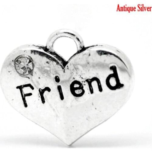 DoreenBeads 20PCs Silver Color Rhinestone "Friend" Heart Charm Pendants 16mmx14mm(5/8"x 4/8")