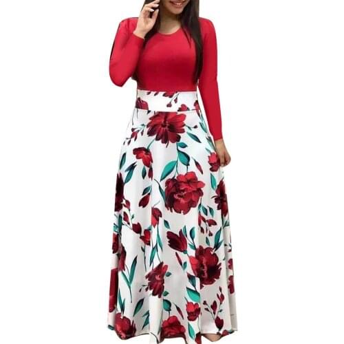 Hot Autumn Dresses Women O Neck Long Short Sleeve Floral Print Large Hem Waist Tight Maxi Dress Print Large Hem Tight Dress